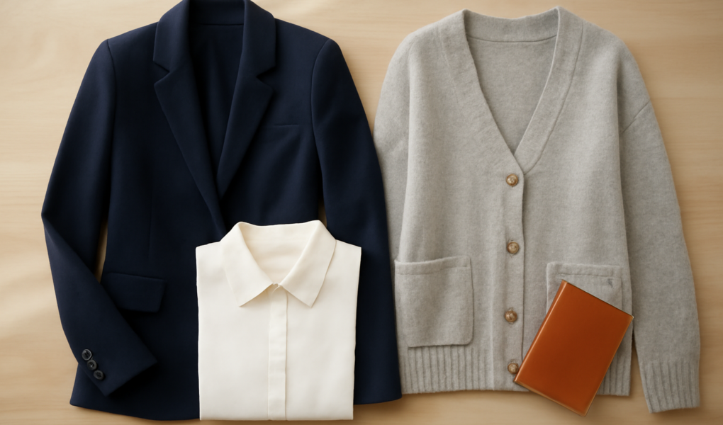 Blazer navy dan cardigan rajut abu-abu ditata berdampingan sebagai pilihan busana kerja