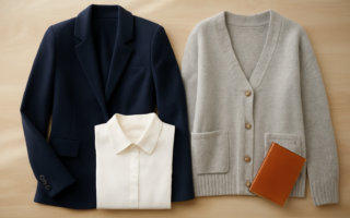 Blazer navy dan cardigan rajut abu-abu ditata berdampingan sebagai pilihan busana kerja