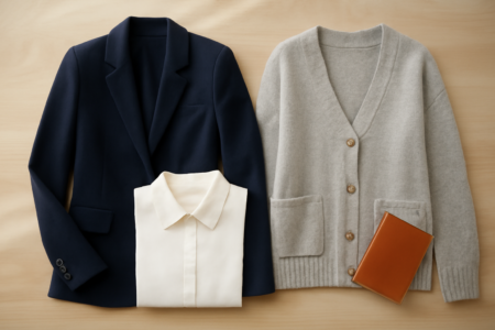 Blazer navy dan cardigan rajut abu-abu ditata berdampingan sebagai pilihan busana kerja