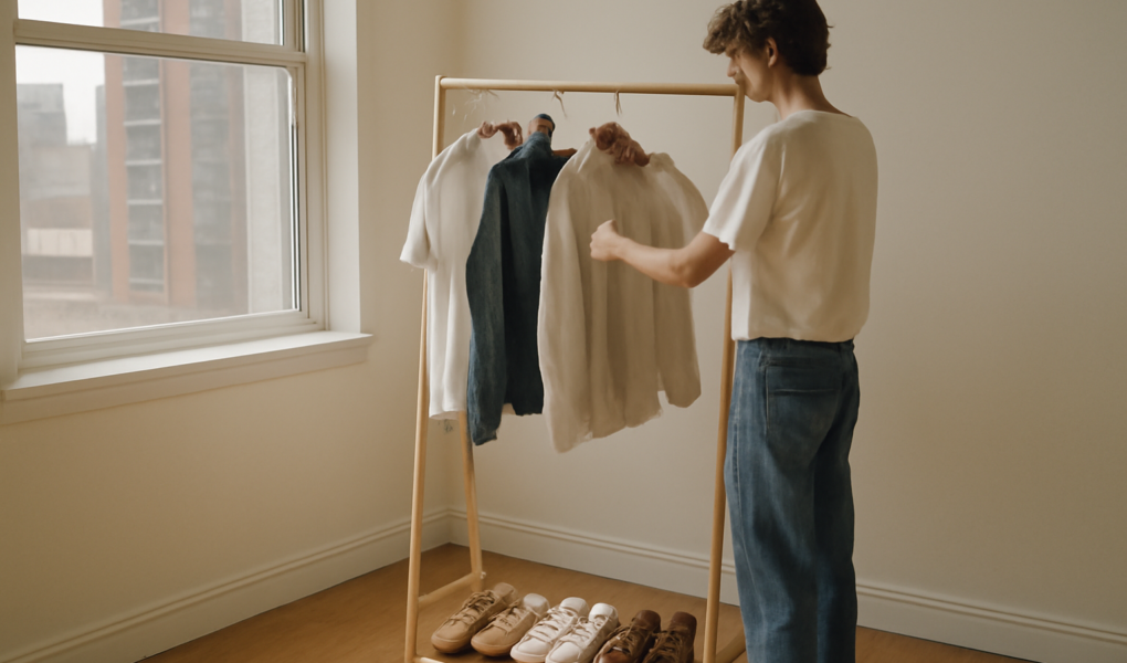 Pakaian netral digantung di rak kayu untuk mix and match outfit urban