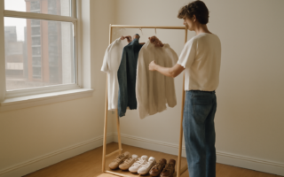 Pakaian netral digantung di rak kayu untuk mix and match outfit urban