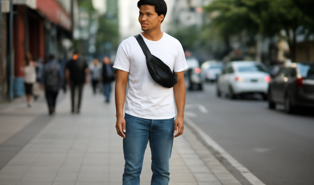 Pria muda bergaya urban dengan kaos putih, jeans, dan sneakers di trotoar kota
