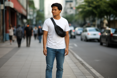 Pria muda bergaya urban dengan kaos putih, jeans, dan sneakers di trotoar kota