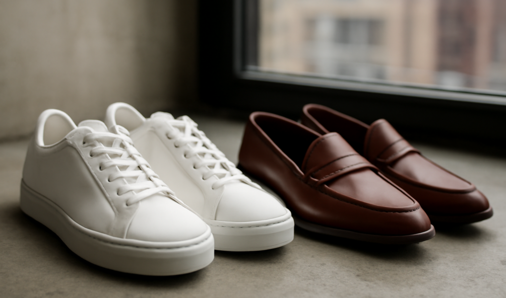 Sepatu sneakers putih dan loafers kulit cokelat berdampingan di lantai beton