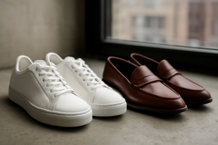 Sepatu sneakers putih dan loafers kulit cokelat berdampingan di lantai beton